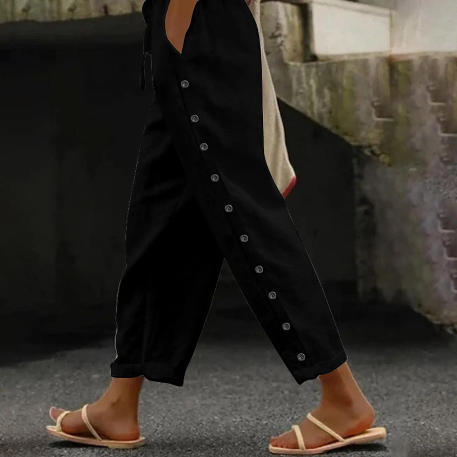 Linen Pants Women Summer High Waist Elastic Side Button Straight Leg Lounge Pant Casual Lightweight Beach Trousers