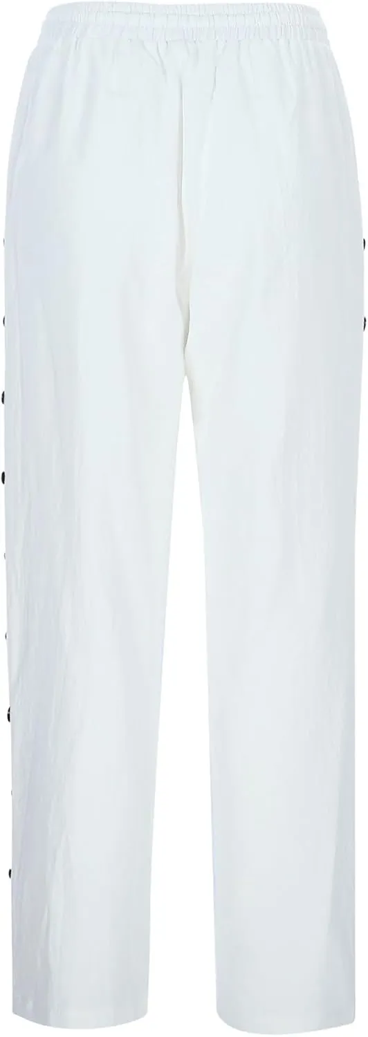 Linen Pants Women Summer High Waist Elastic Side Button Straight Leg Lounge Pant Casual Lightweight Beach Trousers