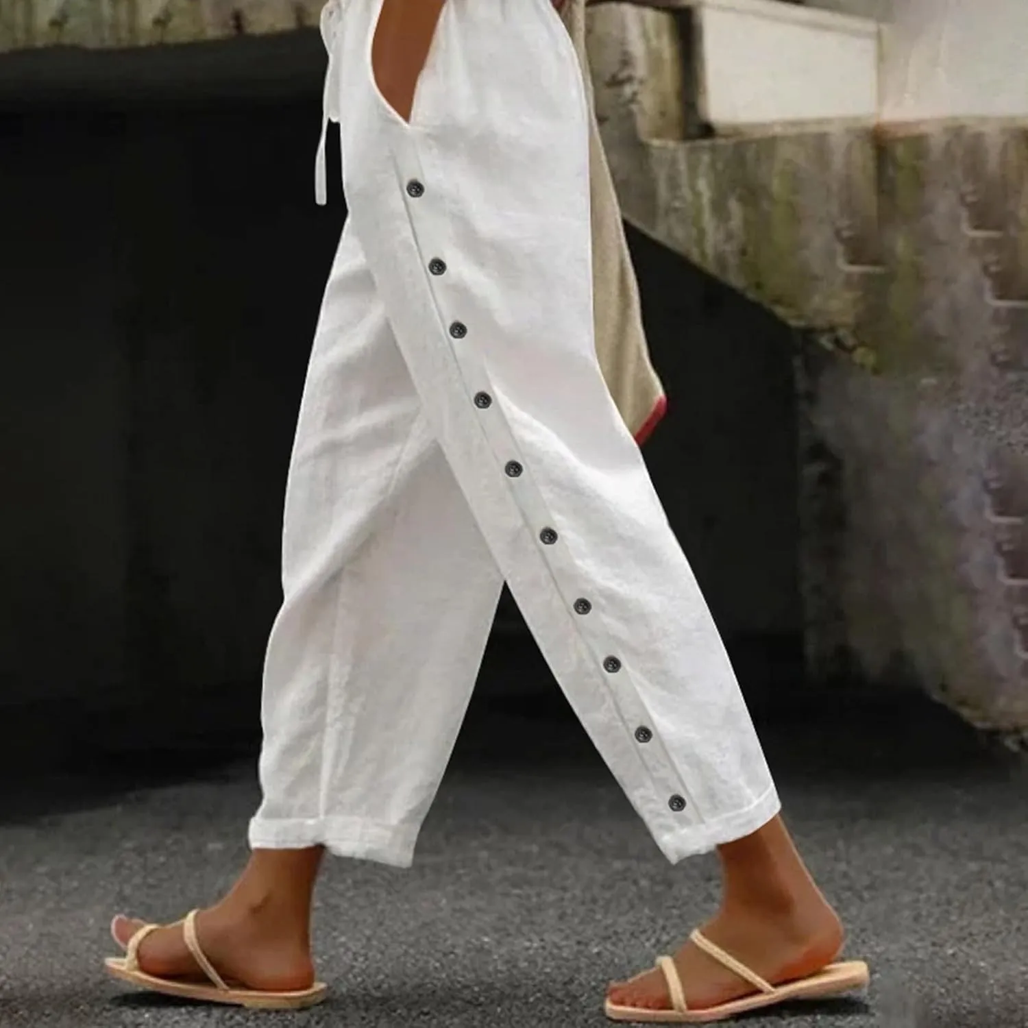 Linen Pants Women Summer High Waist Elastic Side Button Straight Leg Lounge Pant Casual Lightweight Beach Trousers