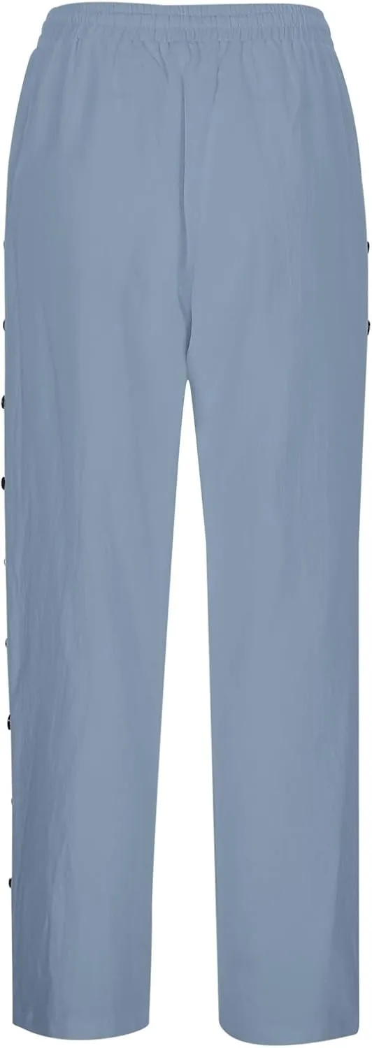 Linen Pants Women Summer High Waist Elastic Side Button Straight Leg Lounge Pant Casual Lightweight Beach Trousers