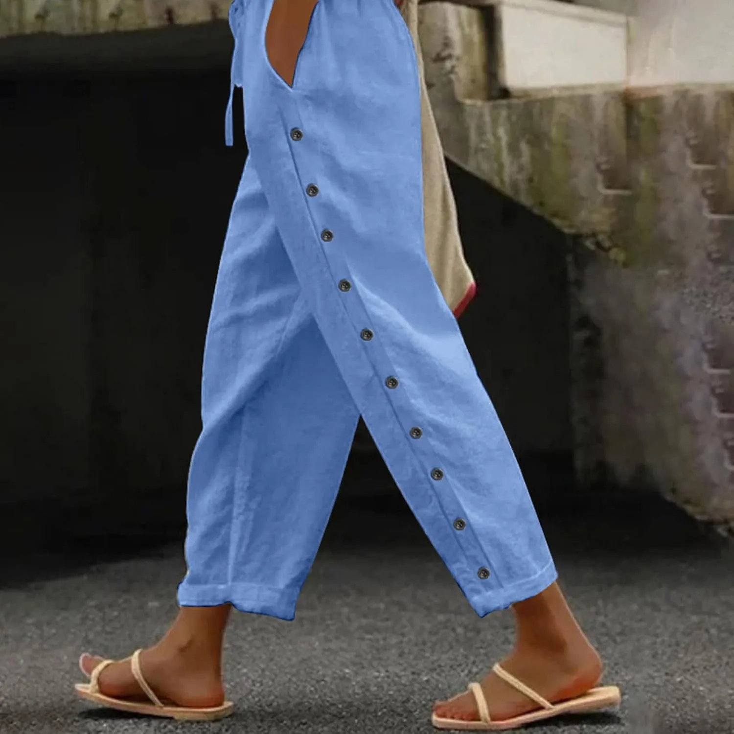 Linen Pants Women Summer High Waist Elastic Side Button Straight Leg Lounge Pant Casual Lightweight Beach Trousers