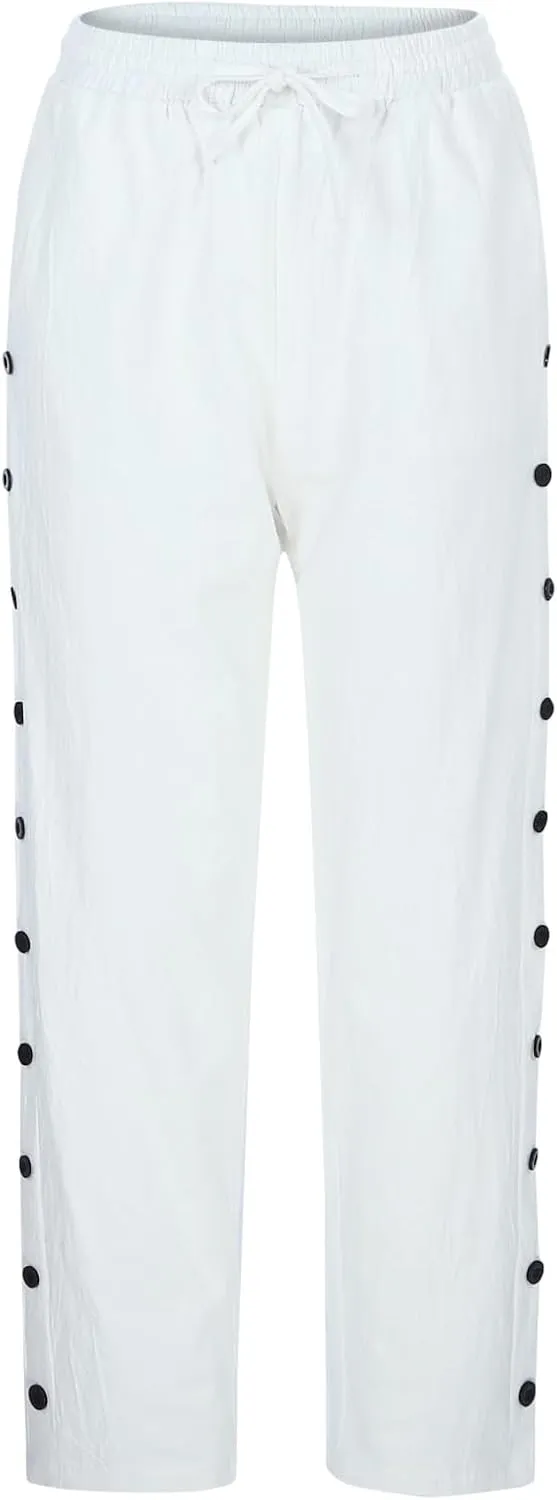 Linen Pants Women Summer High Waist Elastic Side Button Straight Leg Lounge Pant Casual Lightweight Beach Trousers
