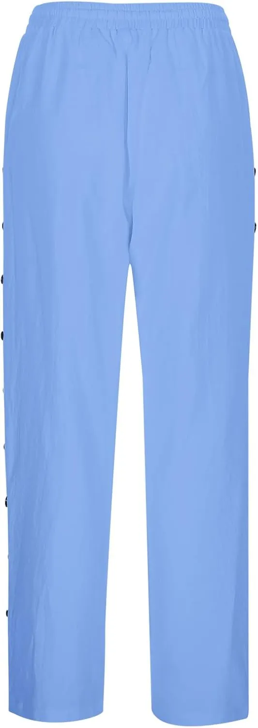 Linen Pants Women Summer High Waist Elastic Side Button Straight Leg Lounge Pant Casual Lightweight Beach Trousers
