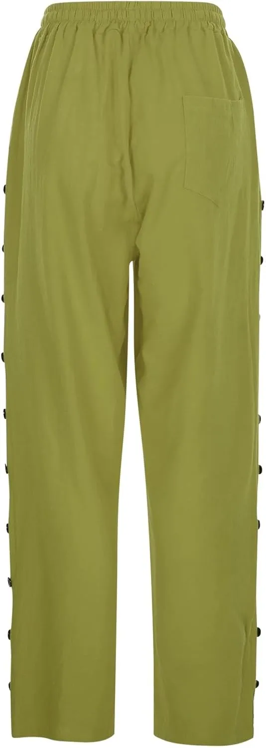Linen Pants Women Summer High Waist Elastic Side Button Straight Leg Lounge Pant Casual Lightweight Beach Trousers