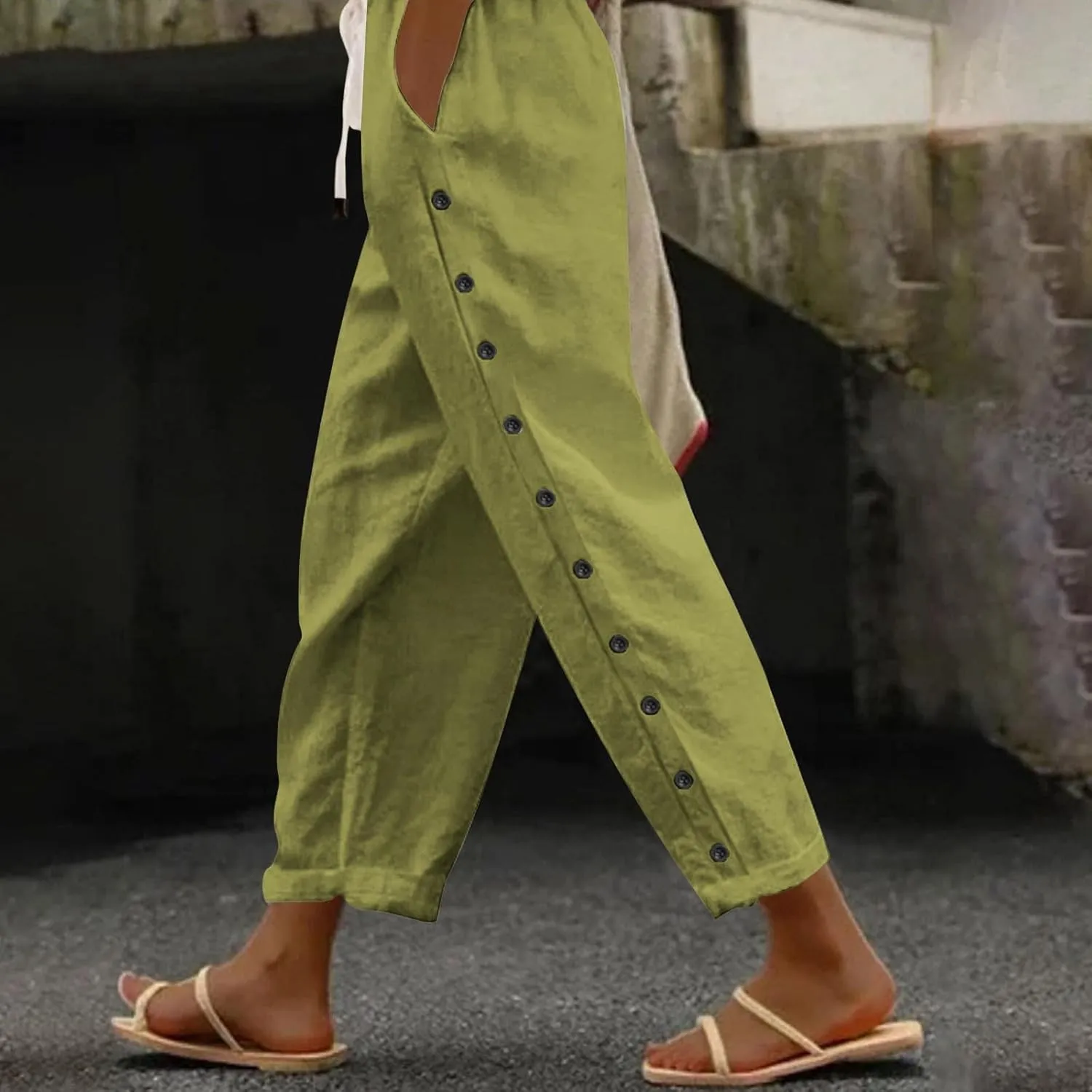 Linen Pants Women Summer High Waist Elastic Side Button Straight Leg Lounge Pant Casual Lightweight Beach Trousers