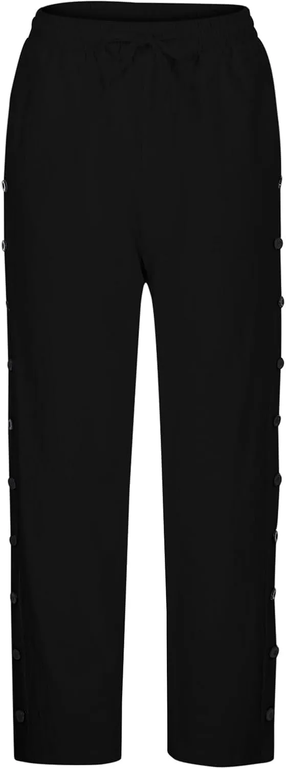Linen Pants Women Summer High Waist Elastic Side Button Straight Leg Lounge Pant Casual Lightweight Beach Trousers