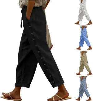 Linen Pants Women Summer High Waist Elastic Side Button Straight Leg Lounge Pant Casual Lightweight Beach Trousers