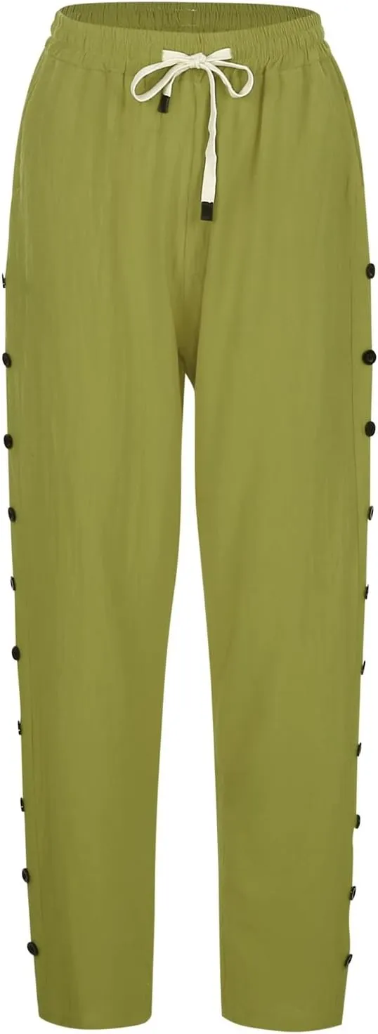 Linen Pants Women Summer High Waist Elastic Side Button Straight Leg Lounge Pant Casual Lightweight Beach Trousers