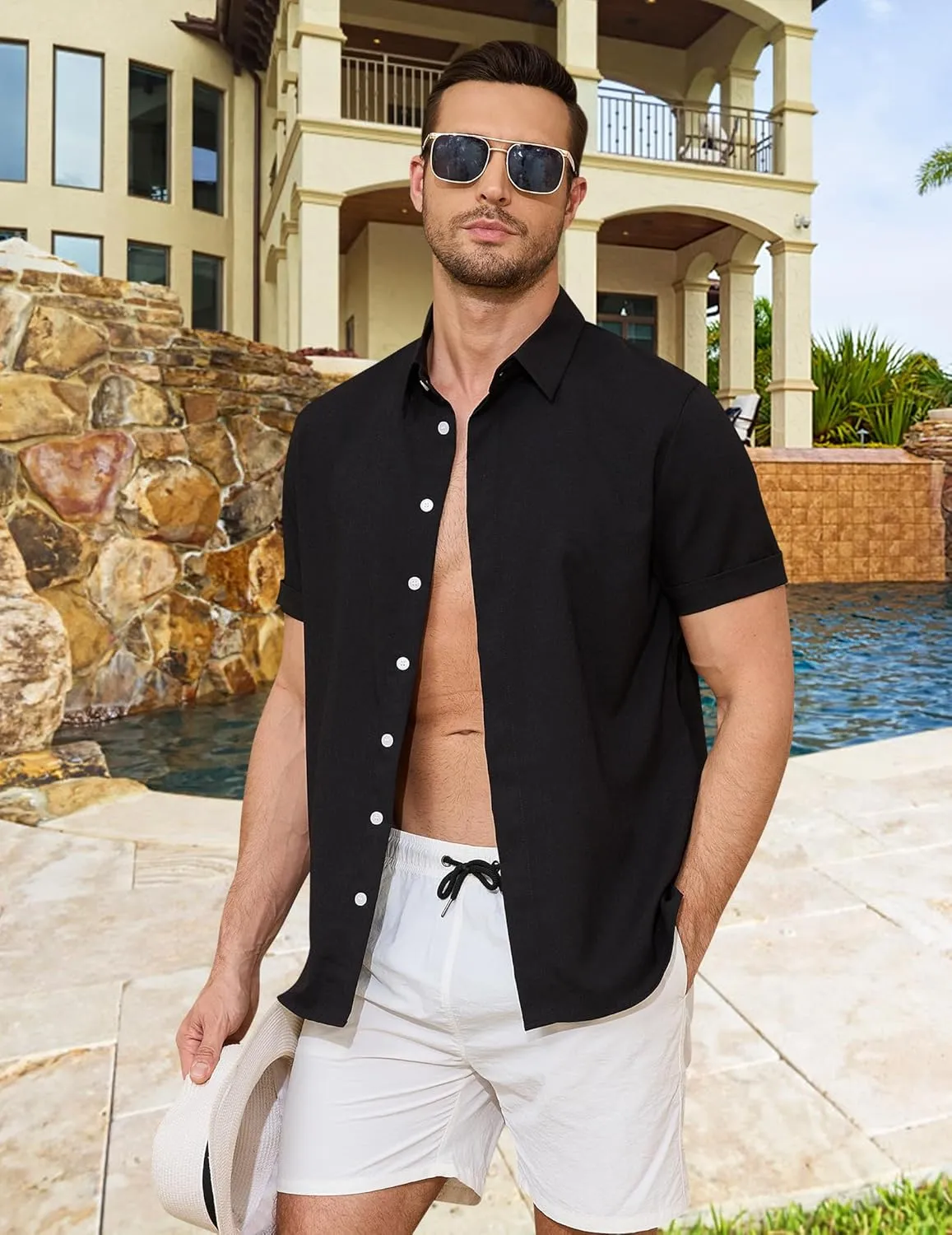 Linen Shirts for Men Button Down Beach Shirt Short Sleeve Men's Casual Summer Vacation Shirts