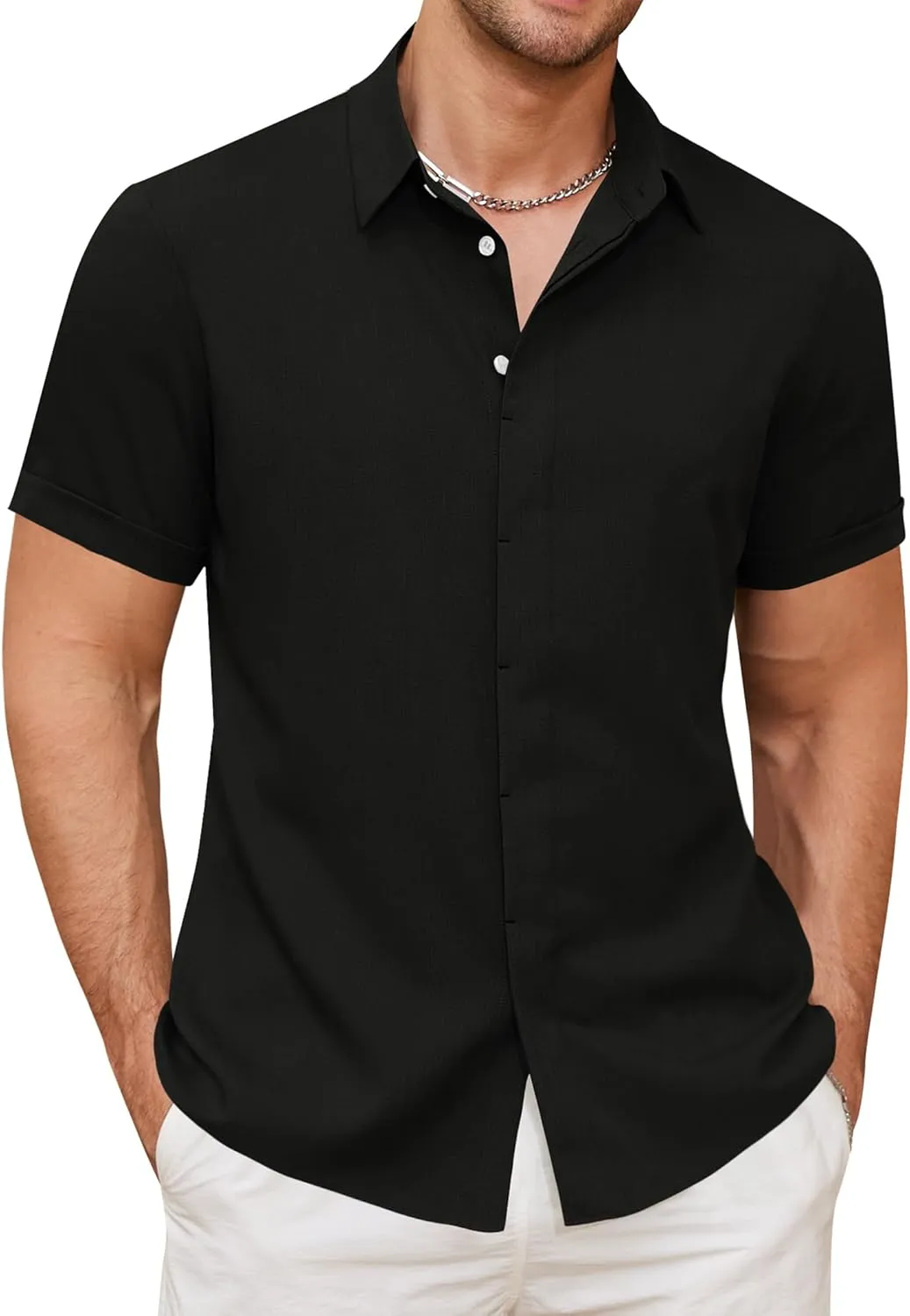 Linen Shirts for Men Button Down Beach Shirt Short Sleeve Men's Casual Summer Vacation Shirts