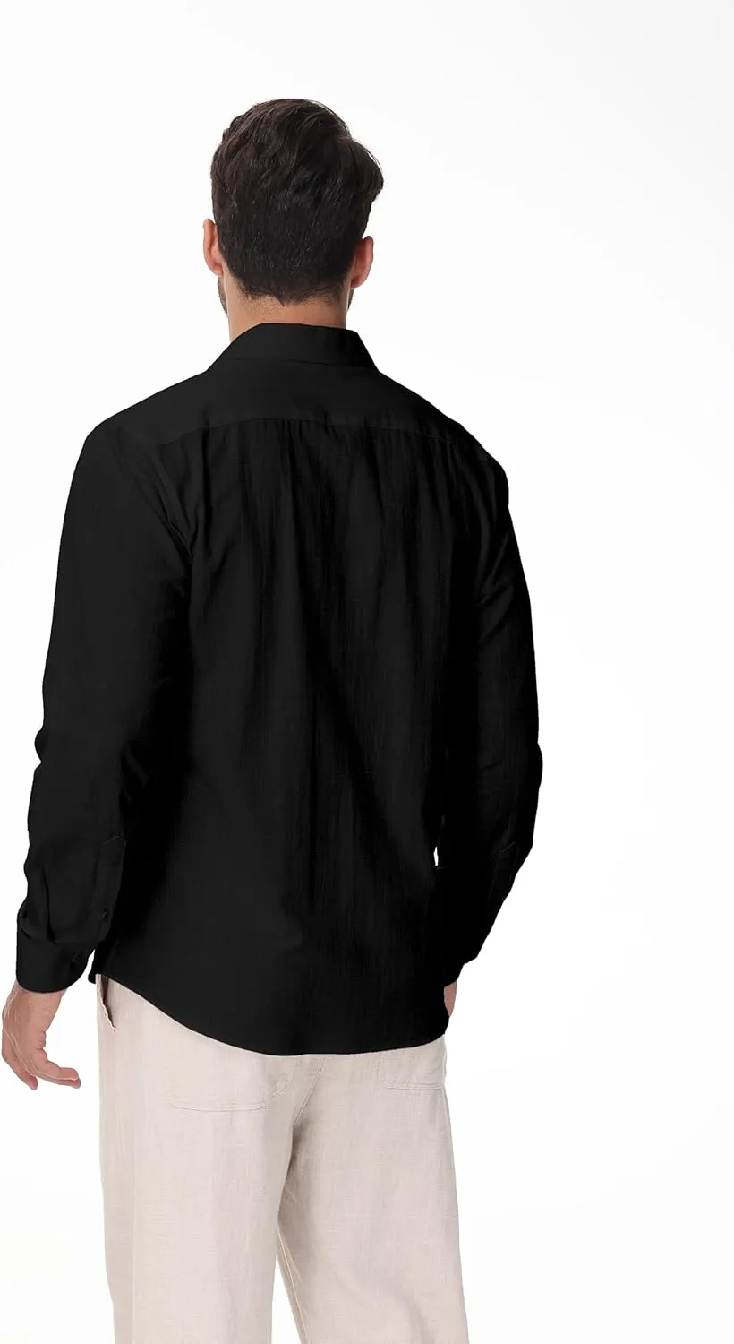 Linen Shirts for Men Casual Button Down Long Sleeve Shirt Solid Summer Beach Hawaiian Shirts