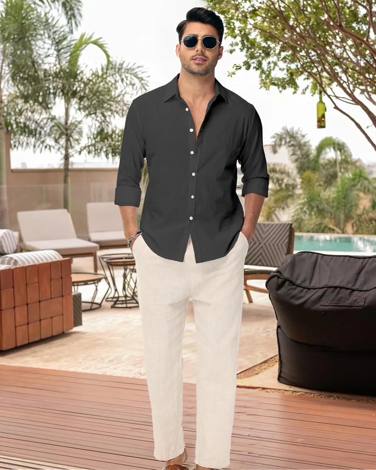 Linen Shirts for Men Casual Button Down Long Sleeve Shirt Solid Summer Beach Hawaiian Shirts