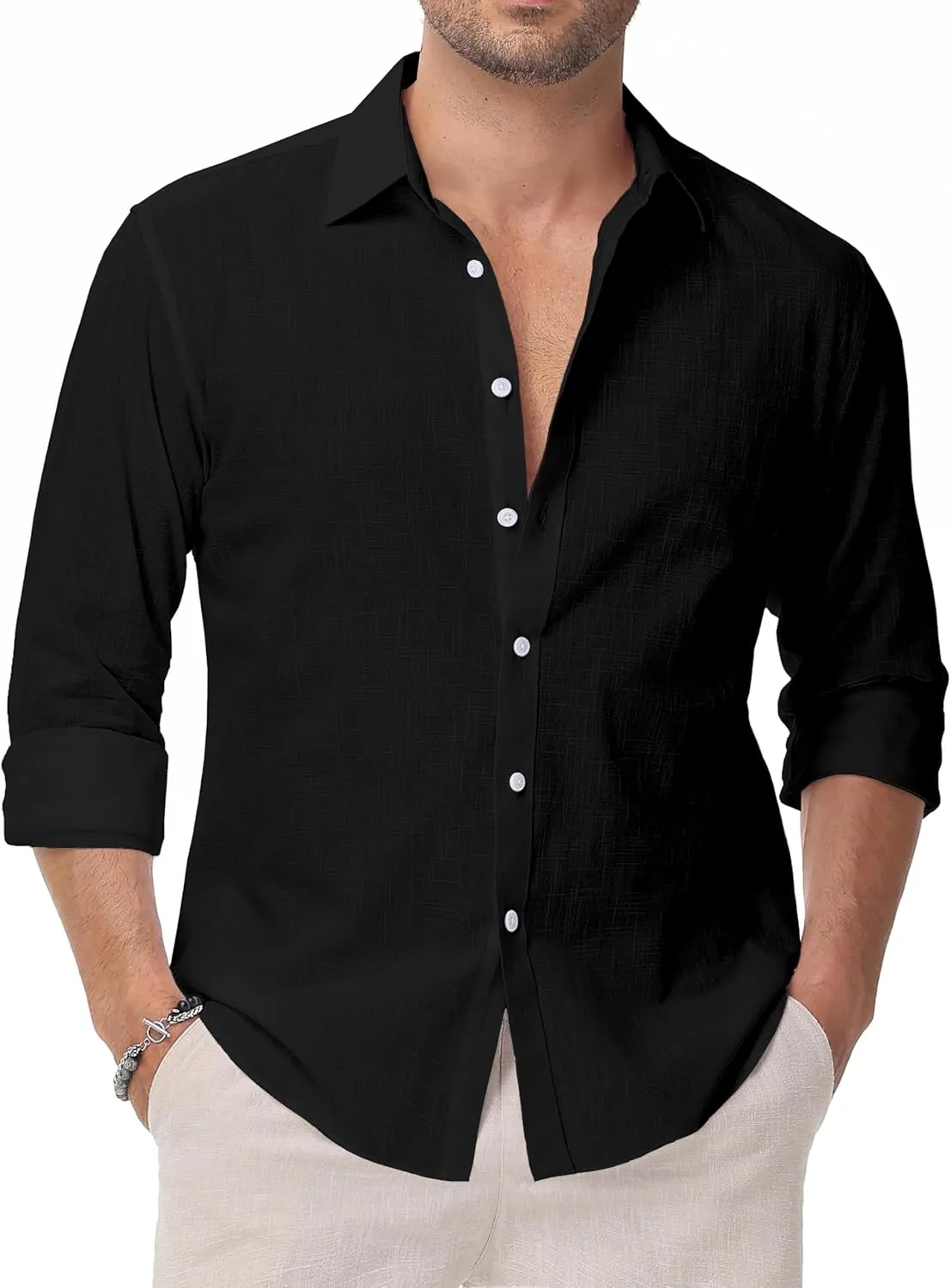 Linen Shirts for Men Casual Button Down Long Sleeve Shirt Solid Summer Beach Hawaiian Shirts