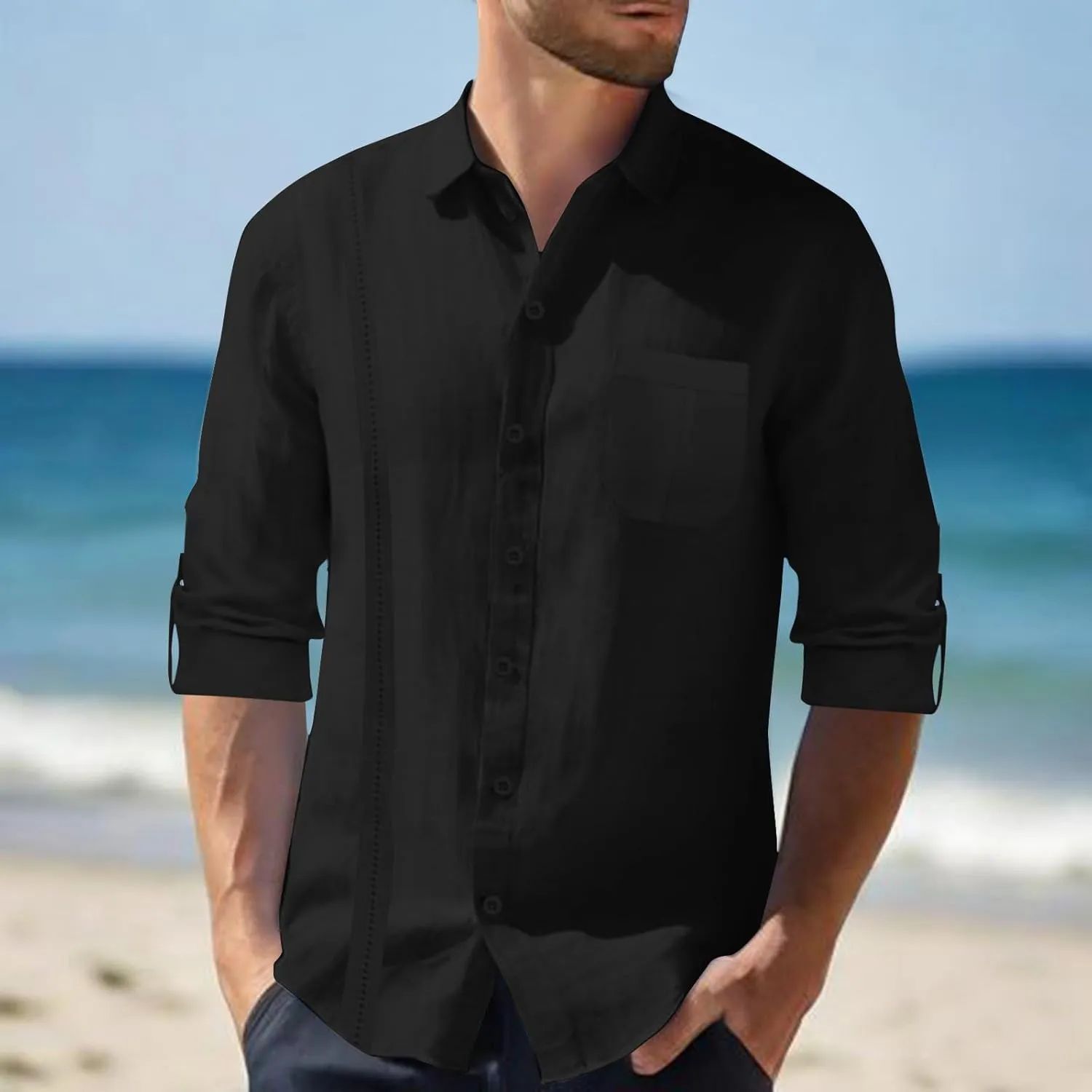 Linen Shirts for Men Casual Button Down Shirts Long Sleeve Textured Summer Beach Fashion Shirt with Pocket