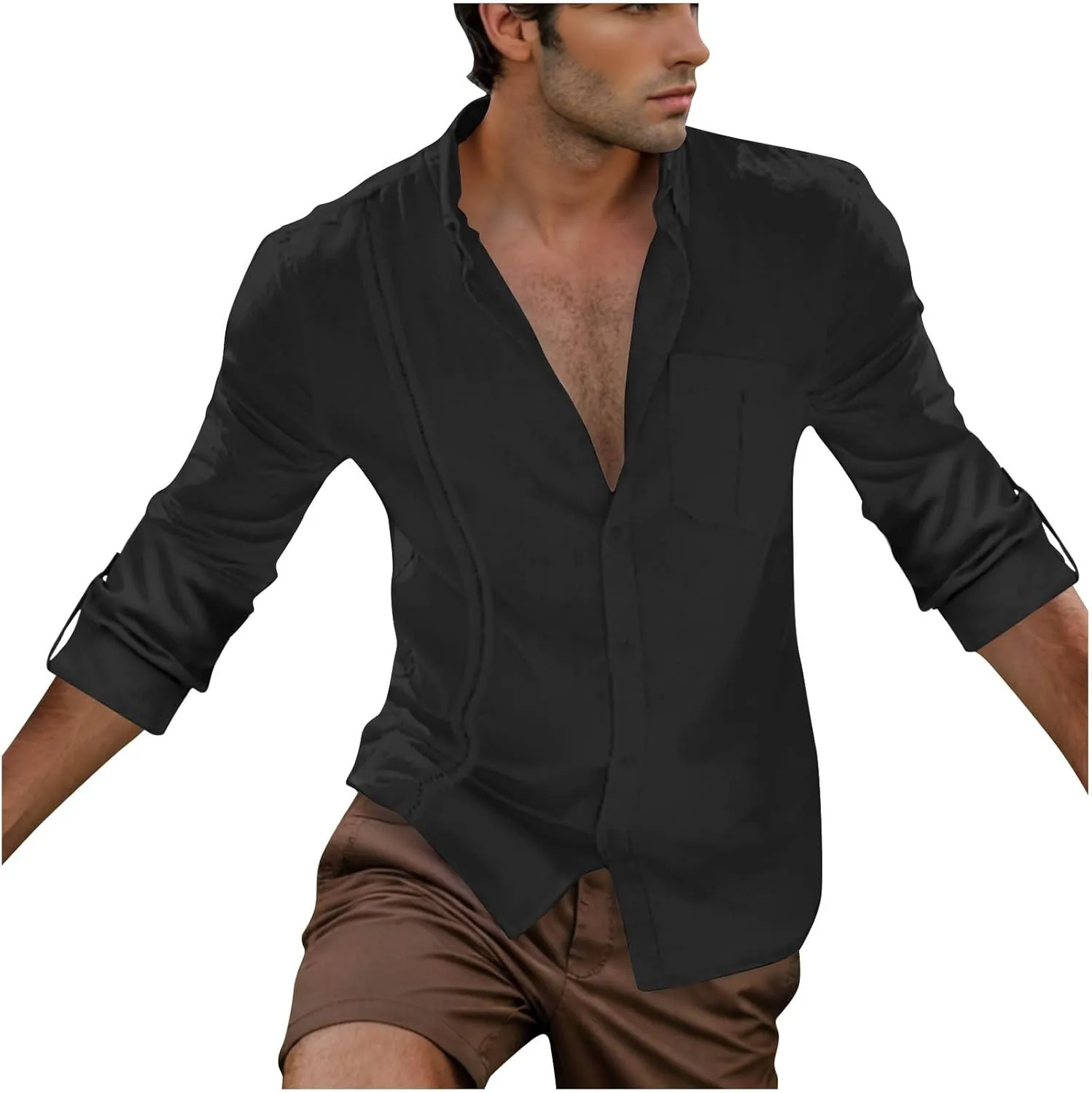 Linen Shirts for Men Casual Button Down Shirts Long Sleeve Textured Summer Beach Fashion Shirt with Pocket