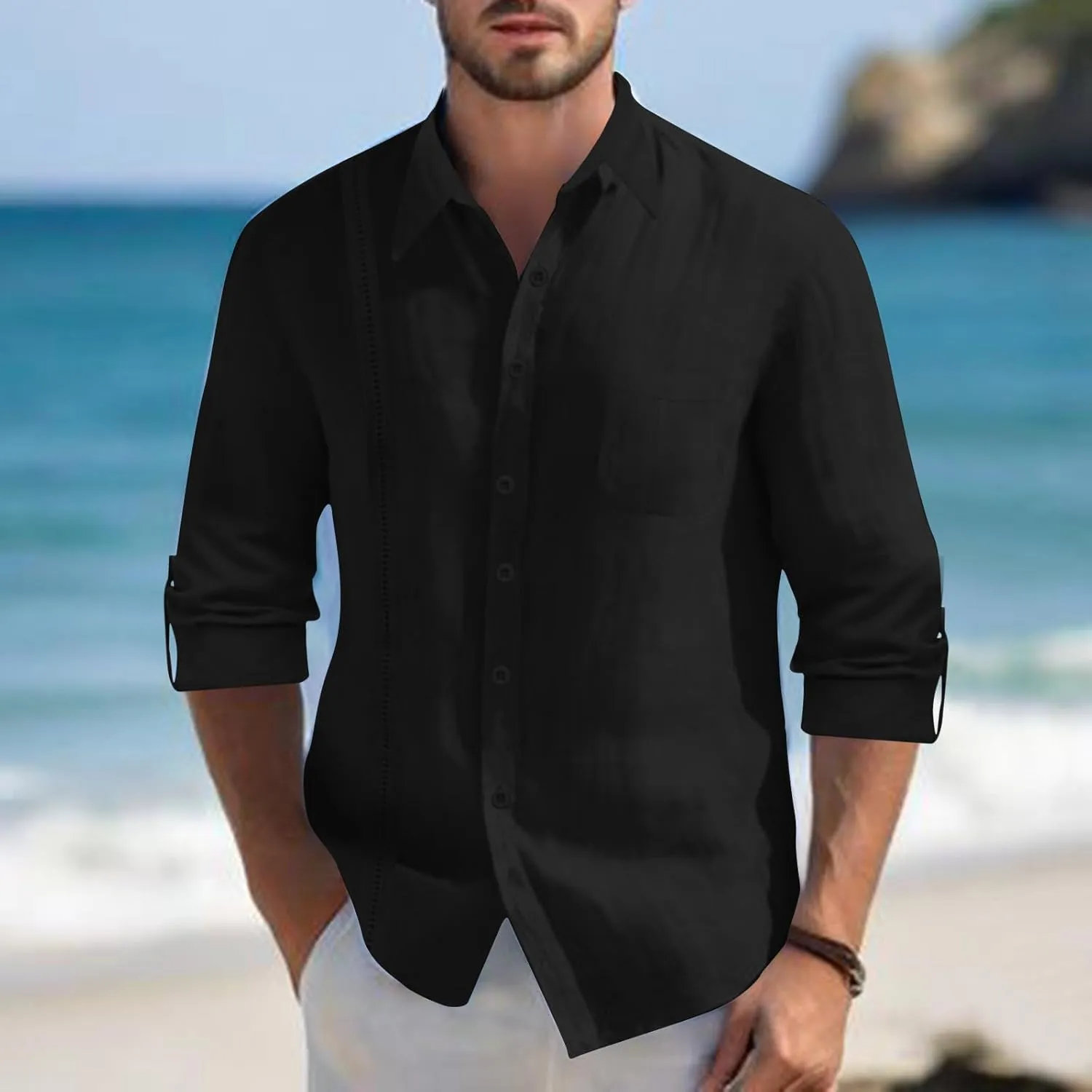 Linen Shirts for Men Casual Button Down Shirts Long Sleeve Textured Summer Beach Fashion Shirt with Pocket