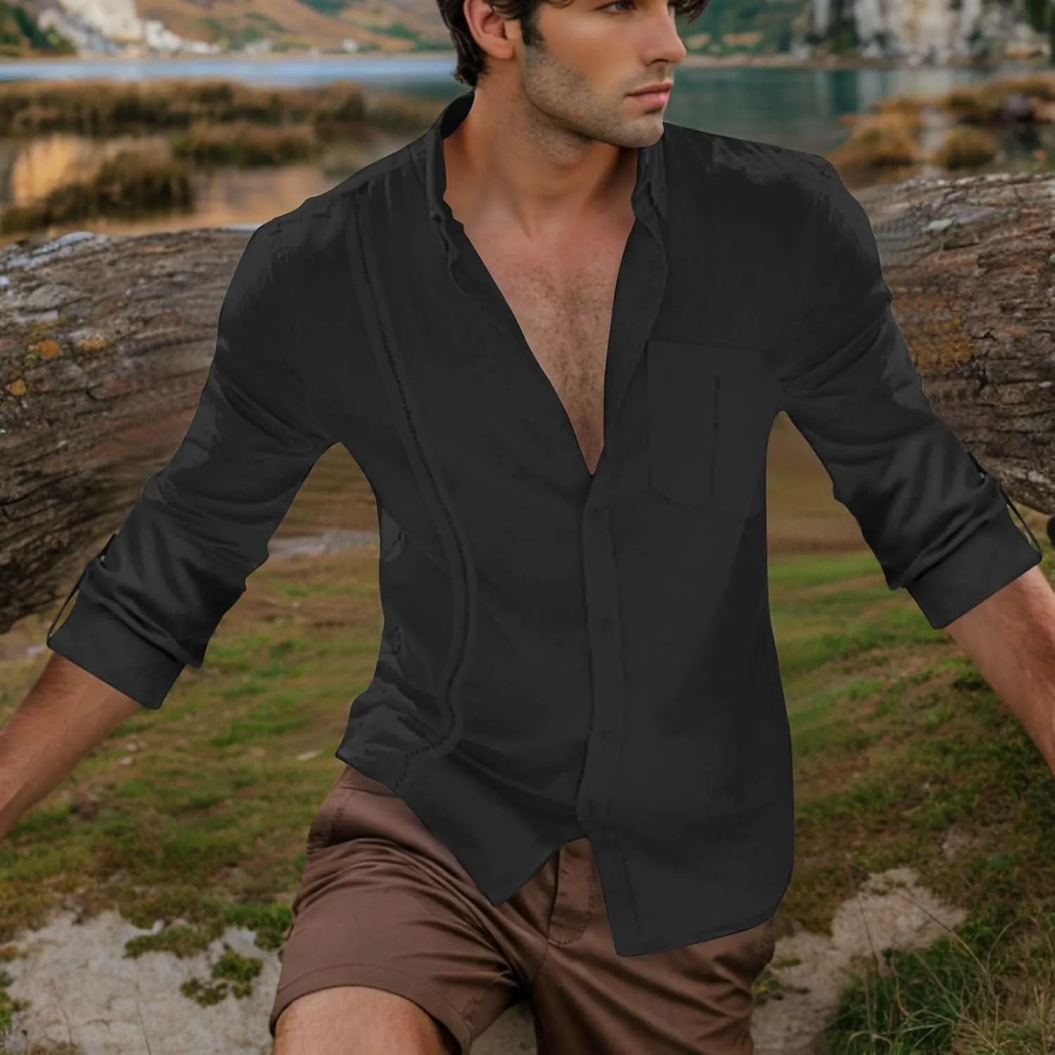 Linen Shirts for Men Casual Button Down Shirts Long Sleeve Textured Summer Beach Fashion Shirt with Pocket
