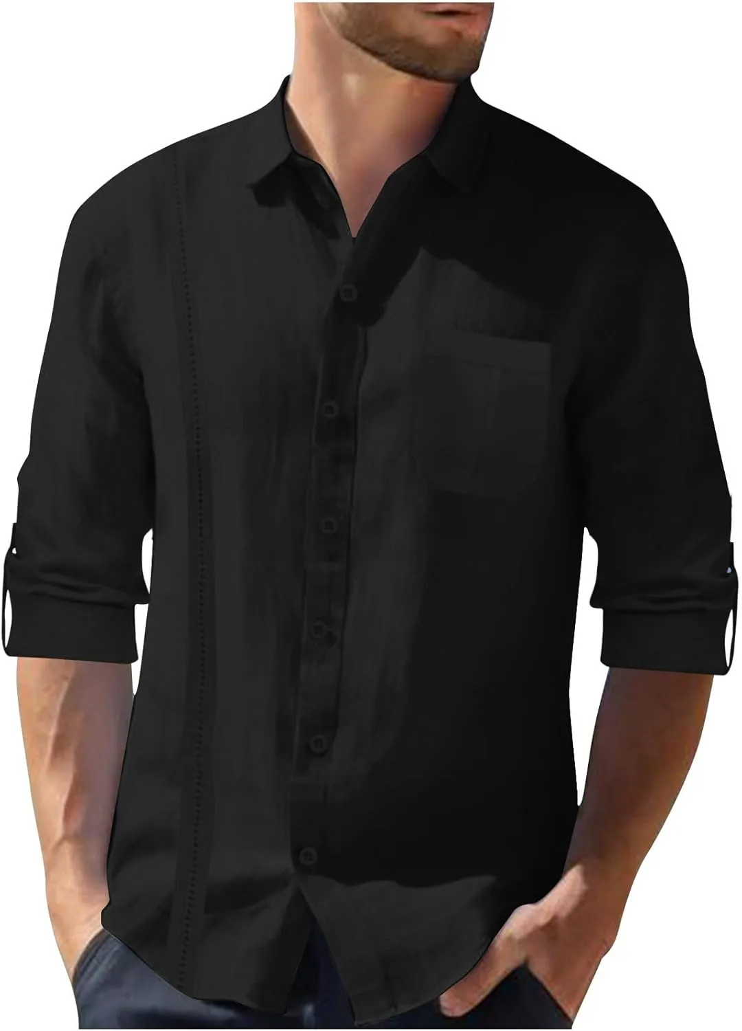 Linen Shirts for Men Casual Button Down Shirts Long Sleeve Textured Summer Beach Fashion Shirt with Pocket