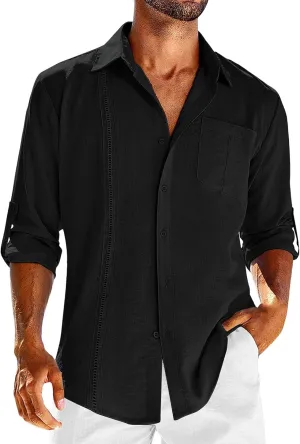 Linen Shirts for Men Casual Button Down Shirts Long Sleeve Textured Summer Beach Fashion Shirt with Pocket