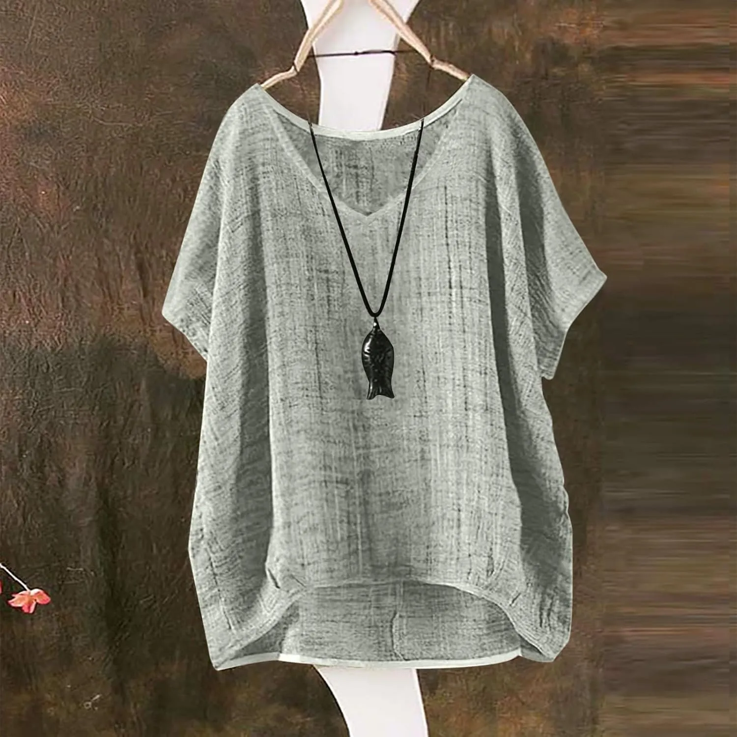 Linen Shirts for Women Summer 2025 Trendy Plus Size Crewneck Short Sleeve Cute Tops Casual Loose Fit Comfy Blouses