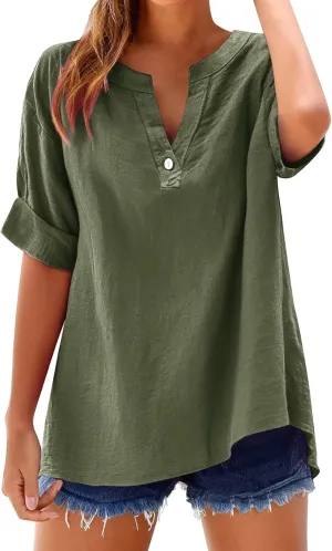Linen Shirts for Women Summer Work Tops Trendy Plus Size Button Down V Neck Boho Clothes Summer Tops for Women 2025
