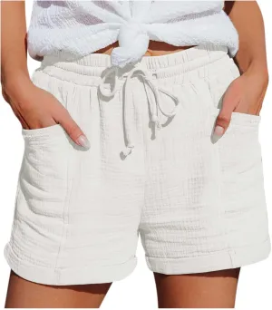 Linen Shorts for Women Plus Size Summer Trendy 2024 Self Tie Waist Casual Shorts Loose Drawstring Beach Shorts with Pockets