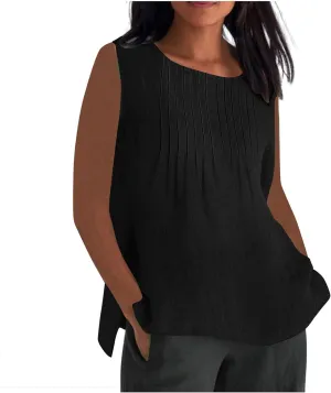 Linen Tank Tops for Women Cotton Gauze Crewneck Pleated Front Sleeveless Plus Size Side Slit Summer Shirts