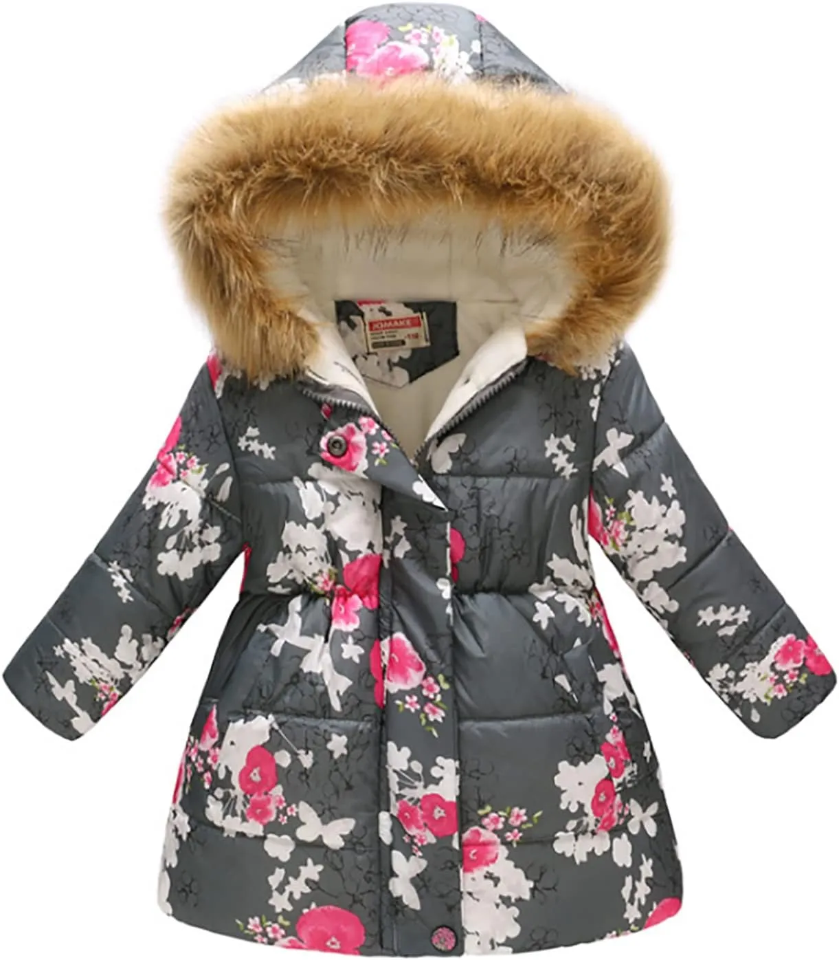 Little Kids Girls Winter Warm Print Hooded Jackets Coat Cotton Padded Zipper Closure Outerwear Tops