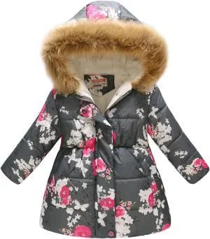 Little Kids Girls Winter Warm Print Hooded Jackets Coat Cotton Padded Zipper Closure Outerwear Tops