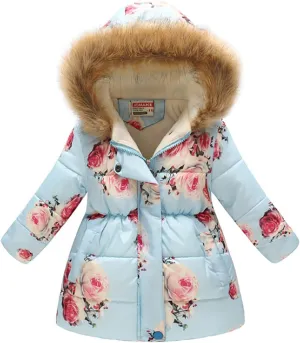 Little Kids Girls Winter Warm Print Hooded Jackets Coat Cotton Padded Zipper Closure Outerwear Tops