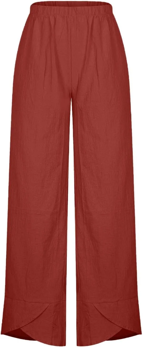 LIUguoo 2024 Summer Pants for Women Casual Pockets Cotton Linen Wide Leg Drawstring Elastic Waist Capris Crop Pants Slacks