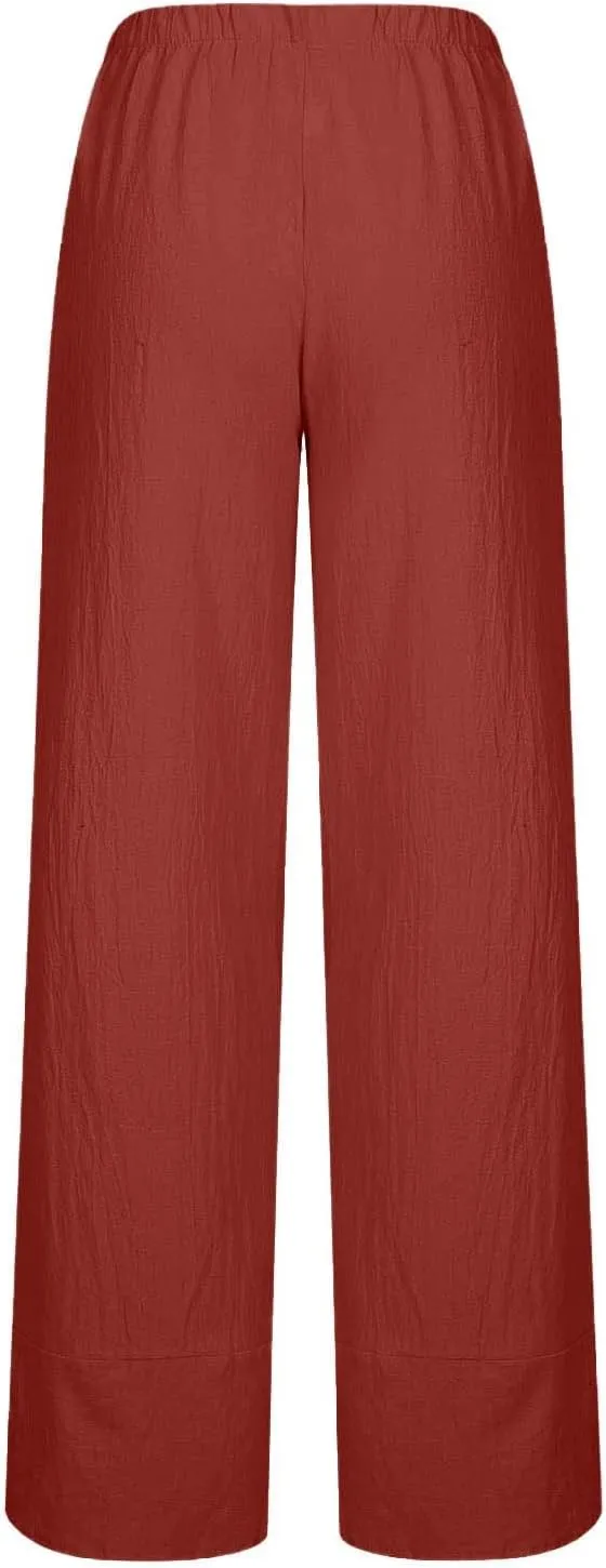 LIUguoo 2024 Summer Pants for Women Casual Pockets Cotton Linen Wide Leg Drawstring Elastic Waist Capris Crop Pants Slacks