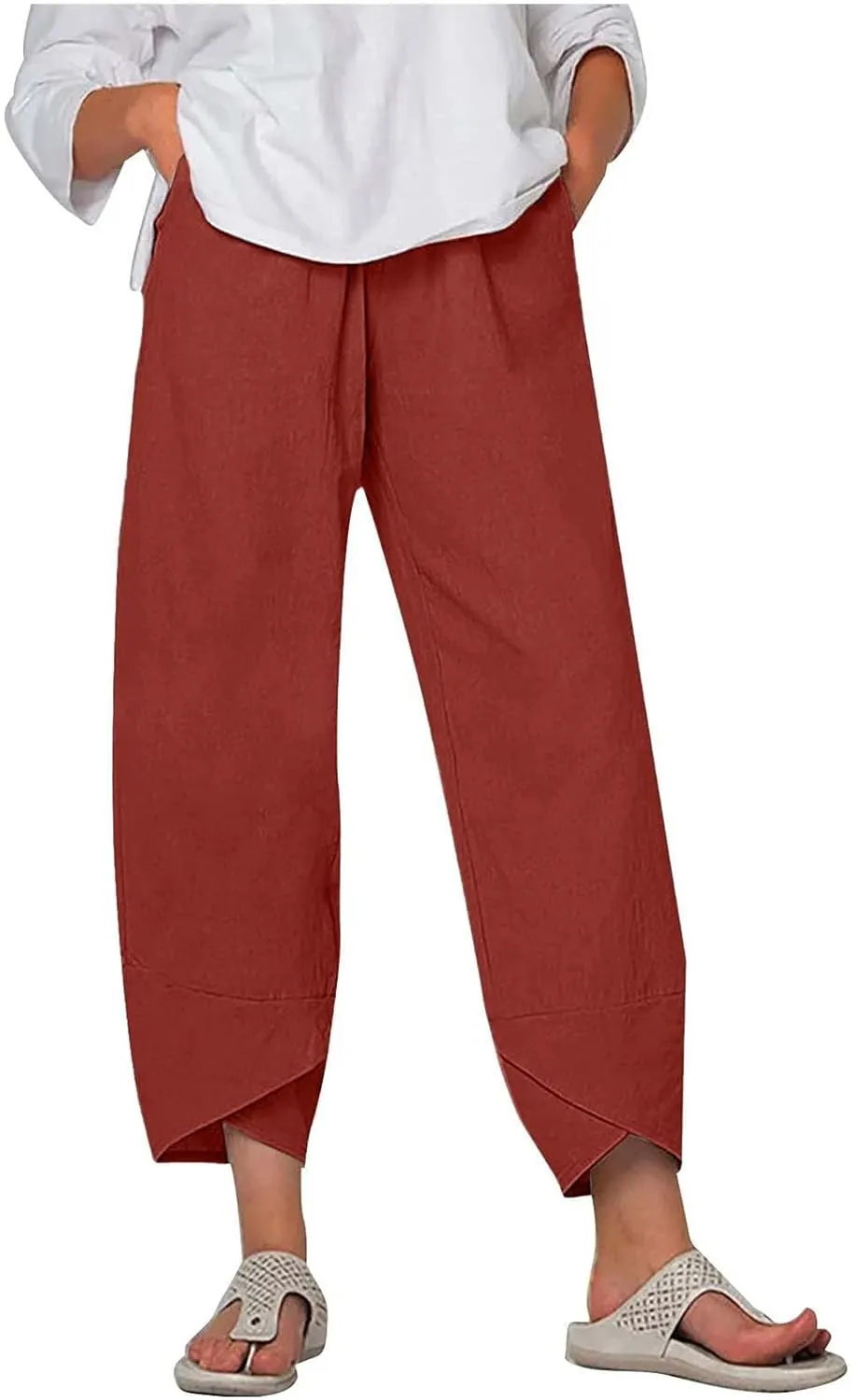 LIUguoo 2024 Summer Pants for Women Casual Pockets Cotton Linen Wide Leg Drawstring Elastic Waist Capris Crop Pants Slacks