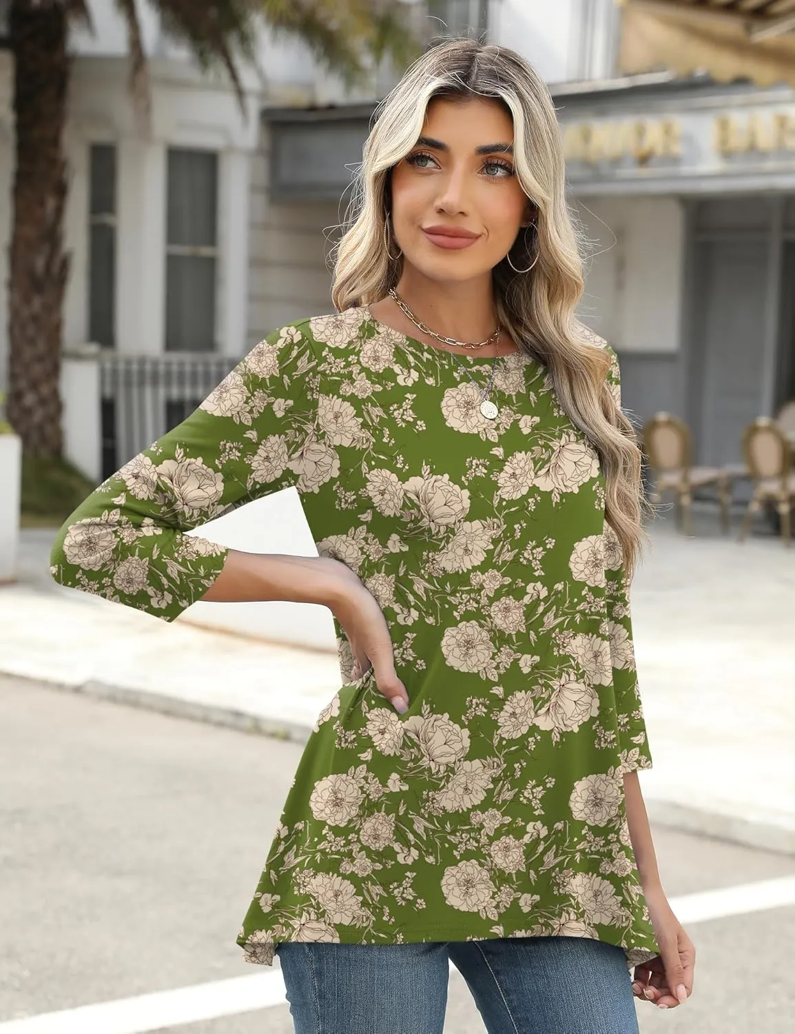 LOMON 3/4 Sleeve Tunic Tops for Women Loose Fit Dressy Casual Blouse Flowy Shirts to Wear with Leggings S-3XL