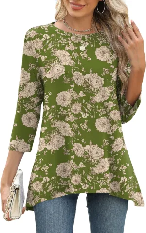 LOMON 3/4 Sleeve Tunic Tops for Women Loose Fit Dressy Casual Blouse Flowy Shirts to Wear with Leggings S-3XL