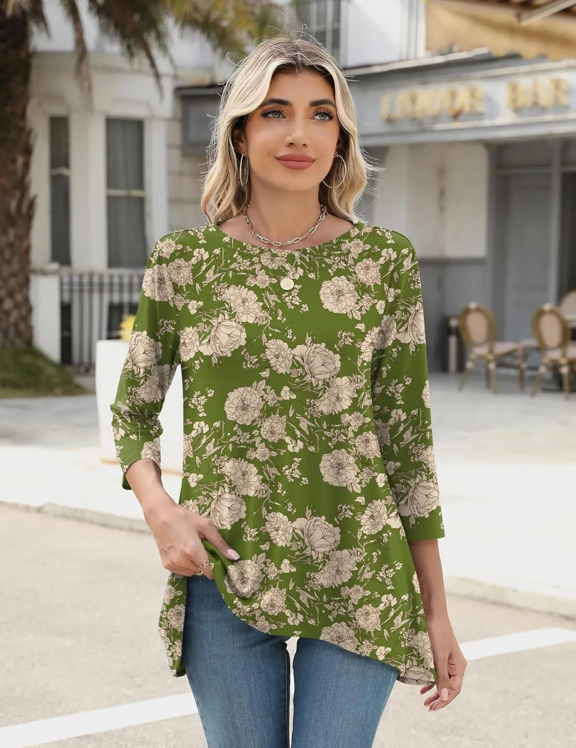 LOMON 3/4 Sleeve Tunic Tops for Women Loose Fit Dressy Casual Blouse Flowy Shirts to Wear with Leggings S-3XL