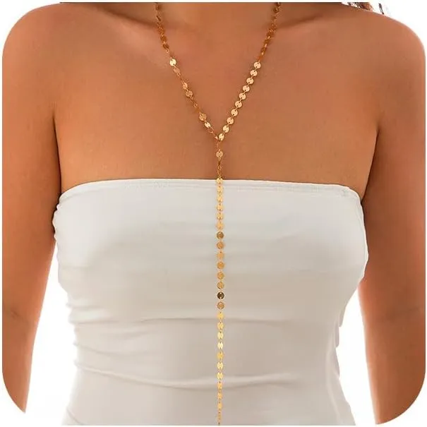 Long Gold Disc Lariat Pendant Y Necklaces for Women Minimalist Silver Round Coin Beaded Statement Necklace Trendy Prom Costume Outfit Jewelry Gifts