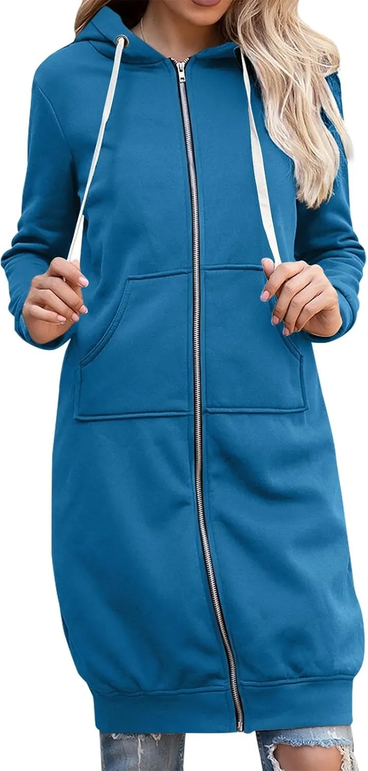 Long Hoodies for Women Zip Up Fleece Jacket Soft Long Sleeve Hooded Oversized Sweatshirt Winter Coat with Pockets