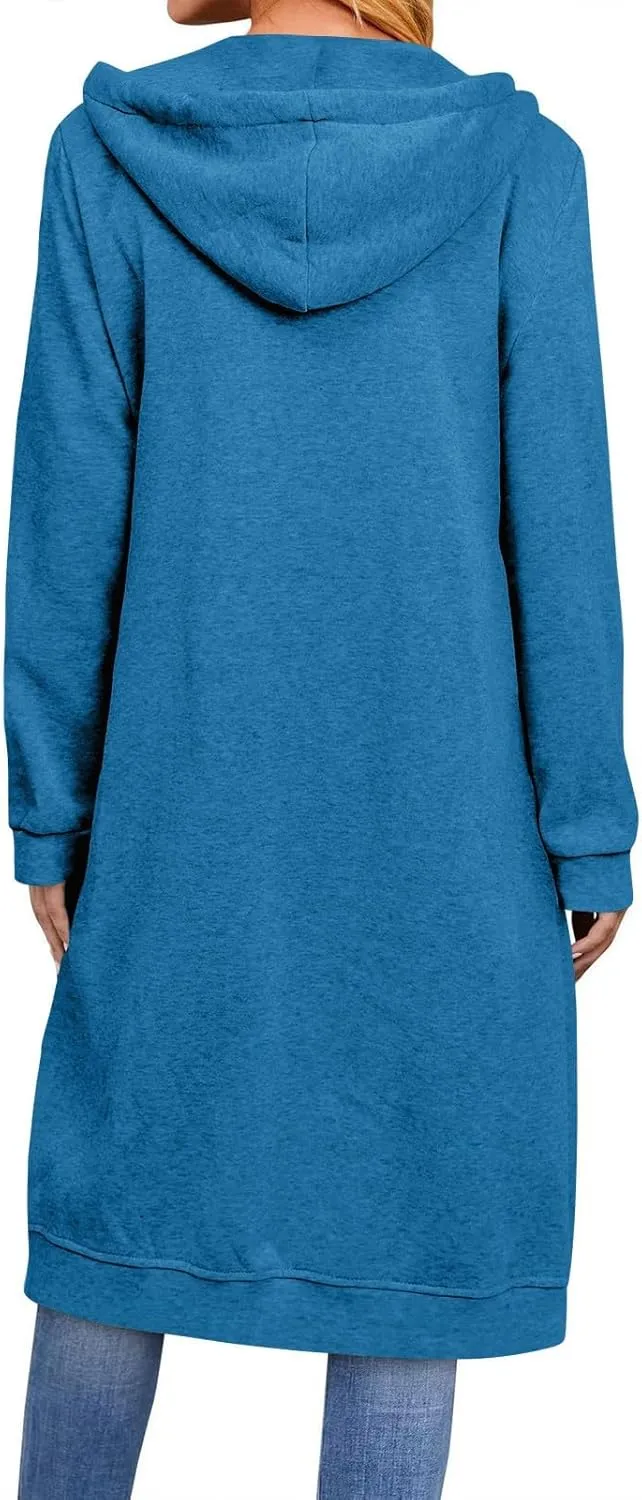 Long Hoodies for Women Zip Up Fleece Jacket Soft Long Sleeve Hooded Oversized Sweatshirt Winter Coat with Pockets