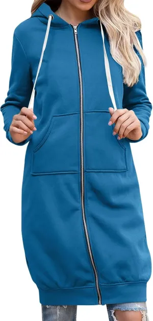 Long Hoodies for Women Zip Up Fleece Jacket Soft Long Sleeve Hooded Oversized Sweatshirt Winter Coat with Pockets