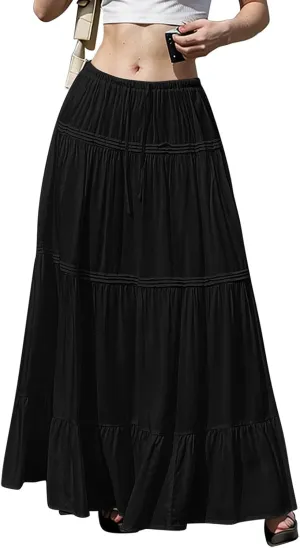 Long Skirts for Women Trendy Drawstring Waisted Flowy Tiered Linen Skirt Summer Pleated Ruffle A-Line Maxi Skirts