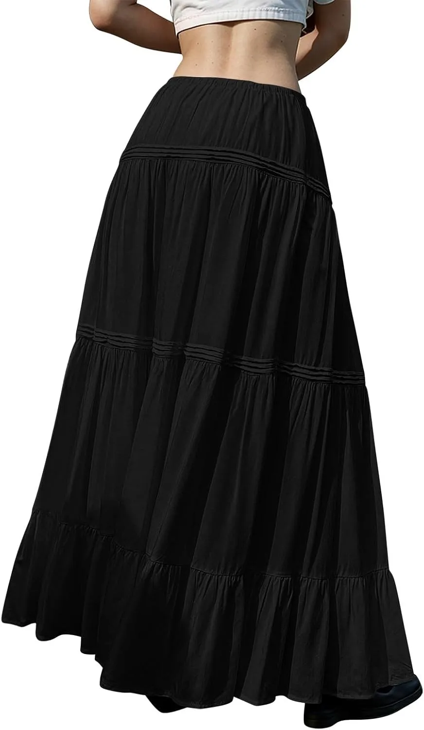Long Skirts for Women Trendy Drawstring Waisted Flowy Tiered Linen Skirt Summer Pleated Ruffle A-Line Maxi Skirts