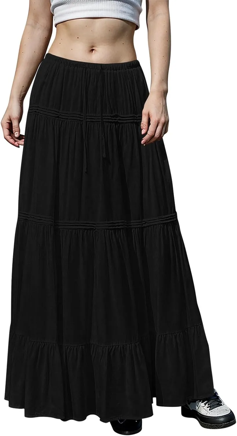 Long Skirts for Women Trendy Drawstring Waisted Flowy Tiered Linen Skirt Summer Pleated Ruffle A-Line Maxi Skirts