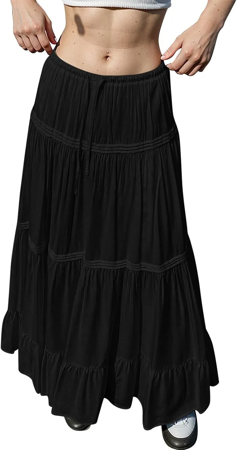 Long Skirts for Women Trendy Drawstring Waisted Flowy Tiered Linen Skirt Summer Pleated Ruffle A-Line Maxi Skirts