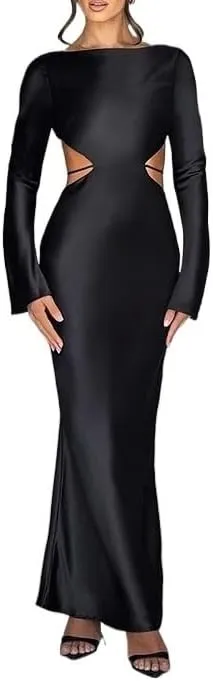 Long-Sleeved Sexy Backless Hollow Dress Dress 2023 Autumn New Temperament Long Skirt Female (Color : Black, Size : Small)