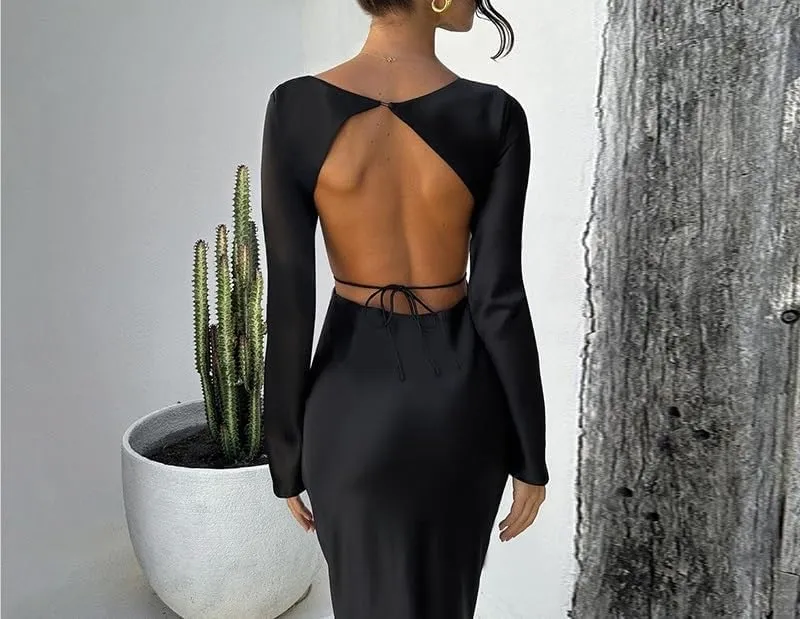 Long-Sleeved Sexy Backless Hollow Dress Dress 2023 Autumn New Temperament Long Skirt Female (Color : Black, Size : Small)