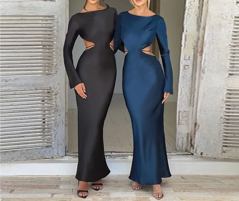 Long-Sleeved Sexy Backless Hollow Dress Dress 2023 Autumn New Temperament Long Skirt Female (Color : Black, Size : Small)