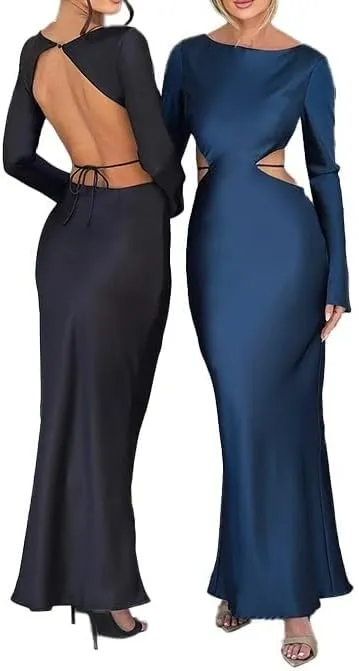 Long-Sleeved Sexy Backless Hollow Dress Dress 2023 Autumn New Temperament Long Skirt Female (Color : Black, Size : Small)