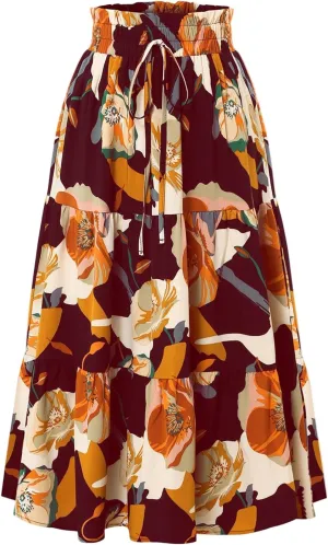 Long Summer Skirts Maxi Spring Flowy Boho Comfy Tiered Western Pleated Maxi Skirts for Women
