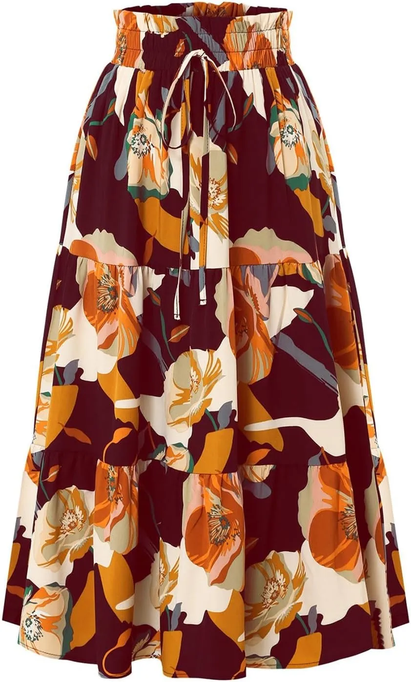Long Summer Skirts Maxi Spring Flowy Boho Comfy Tiered Western Pleated Maxi Skirts for Women